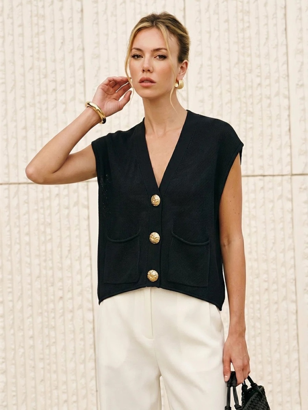 Commense Embossed Button Sleeveless Knit Vest